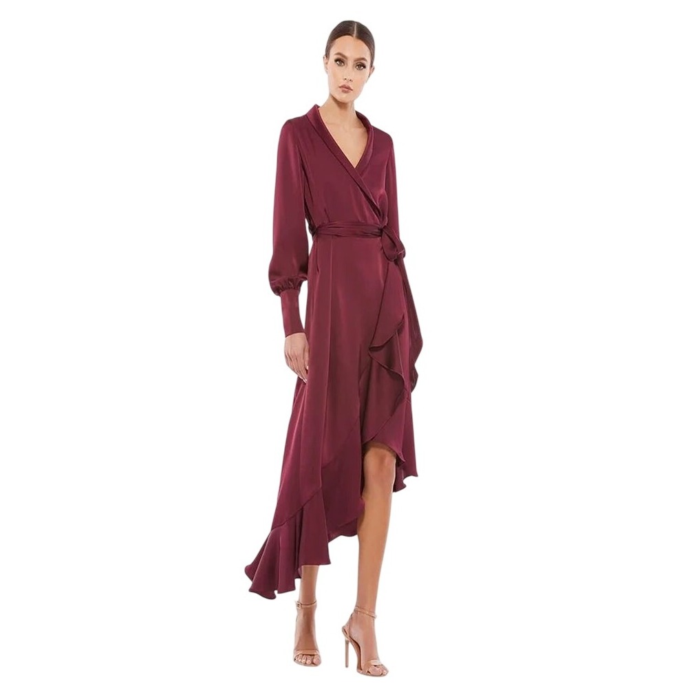 Mac Duggal 12506 Burgundy Satin Wrap High Low Ruffle Midi Dress Long Sleeve